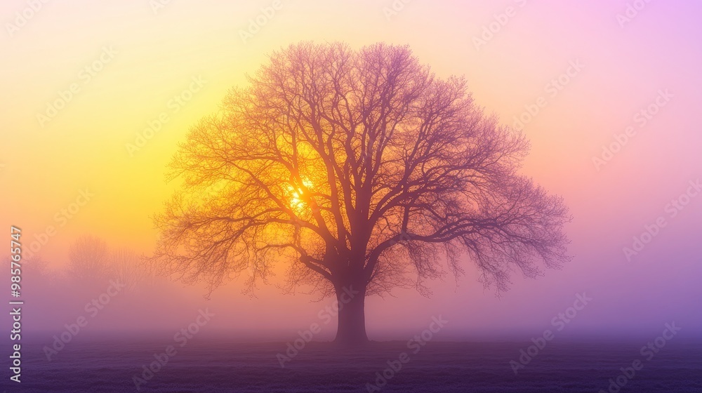 Beautiful silhouette of a large bare tree with golden and purple sunrise light glowing from behind, set against a misty, realistic background Beautiful silhouette of a large bare tree with golden and purple sunrise light glowing from behind, set against a misty, realistic background