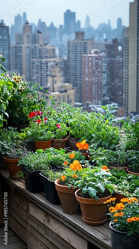 Wallpaper Mural A rooftop garden with potted plants and flowers in front of a blurred city skyline. Torontodigital.ca