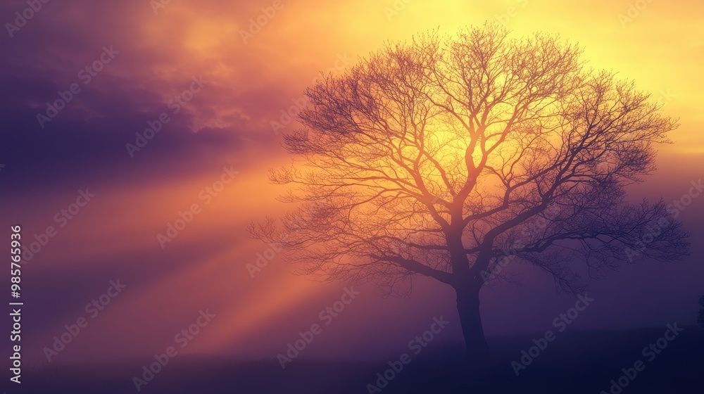 Elegant silhouette of a large, bare tree against a golden and purple sunrise, with soft rays of light illuminating the misty, realistic background Elegant silhouette of a large, bare tree against a golden and purple sunrise, with soft rays of light illuminating the misty, realistic background