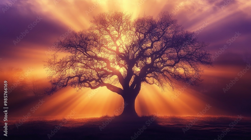 Majestic silhouette of a large, bare tree against a misty golden and purple sunrise, with rays of light radiating beautifully from behind, realistic background Majestic silhouette of a large, bare tree against a misty golden and purple sunrise, with rays of light radiating beautifully from behind, realistic background