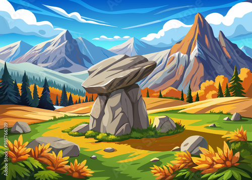 cartoon vector illustration of alpine meadows with stones in autumn, landscape background