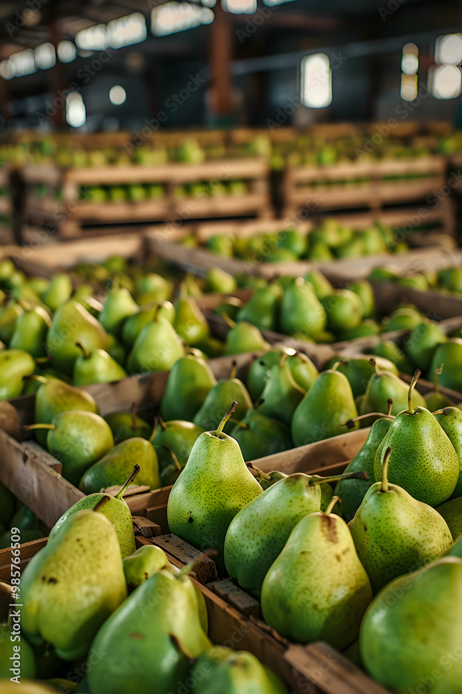 Green pears harvested in wooden boxes in a warehouse. Natural organic fruit abundance. Healthy and natural food storing and shipping concept. Green pears harvested in wooden boxes in a warehouse. Natural organic fruit abundance. Healthy and natural food storing and shipping concept.