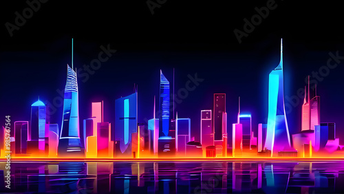 Colorful futuristic cityscape with glowing skyscrapers at night isolated on background