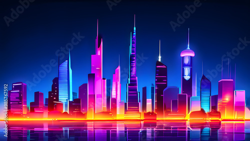 Colorful futuristic cityscape with glowing skyscrapers at night isolated on background