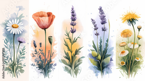 set of floral illustrations, set of bookmarks, watercolor floral bookmarks, isolated on white background 
