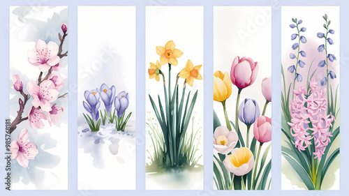 set of floral illustrations, set of bookmarks, watercolor floral bookmarks, isolated on white background 
