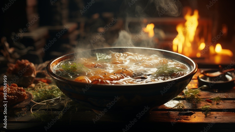 Rustic Wooden Table with Steaming Ramen Bowl Rustic Wooden Table with Steaming Ramen Bowl