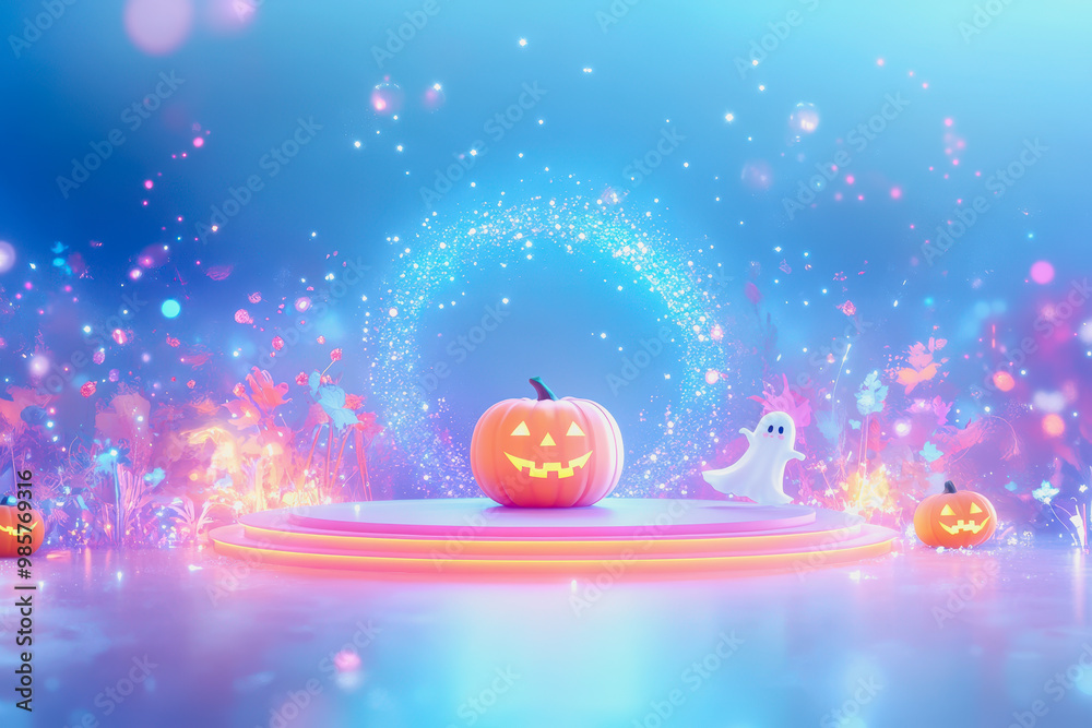 Fototapeta premium Neon platform with playful Halloween characters in a pastel space, glowing empty center