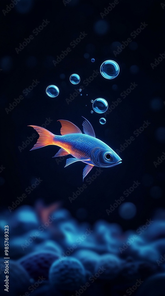 Colorful fish swimming among bubbles in dark underwater environment. Colorful fish swimming among bubbles in dark underwater environment.