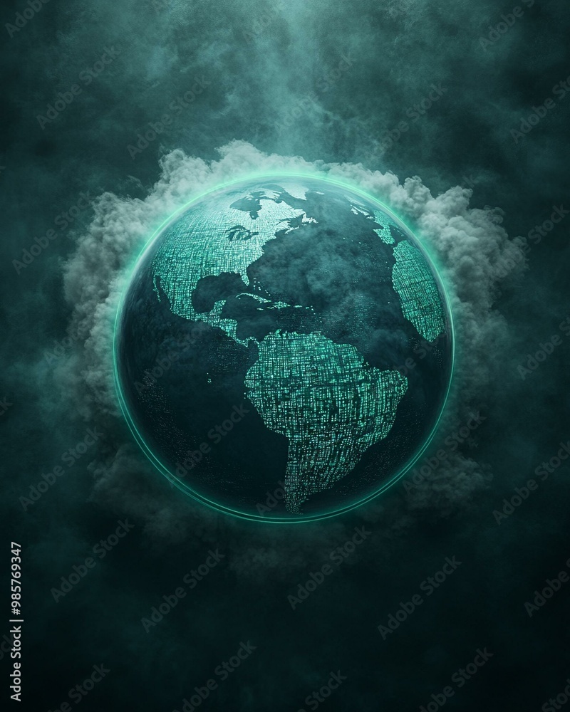Obraz premium Digital globe with binary code, cloud background, atmospheric effect.