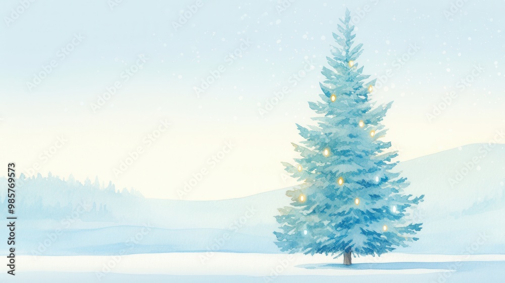 Obraz premium Frosty Christmas tree decorated with glowing icicles, standing in a serene snowy field, watercolor