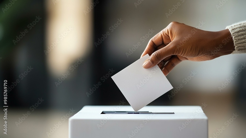 Person casting vote into a ballot box, focused on civic engagement and democracy.
