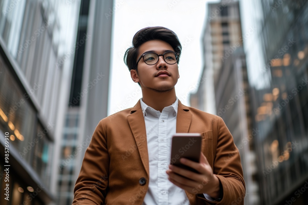 A young man stands in an urban environment, looking seriously at his smartphone