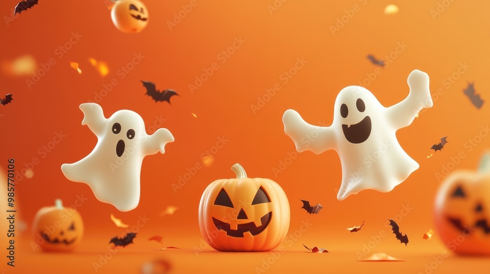 Halloween themed background featuring ghosts and pumpkins with text space on orange backdrop Halloween themed background featuring ghosts and pumpkins with text space on orange backdrop