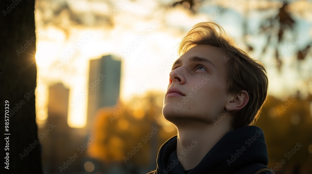 A young man ponders in a city park, lost in thought as he gazes into the distance. A young man ponders in a city park, lost in thought as he gazes into the distance.