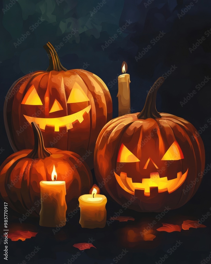 Halloween themed party invitation with pumpkins and candle light in dark atmosphere Halloween themed party invitation with pumpkins and candle light in dark atmosphere