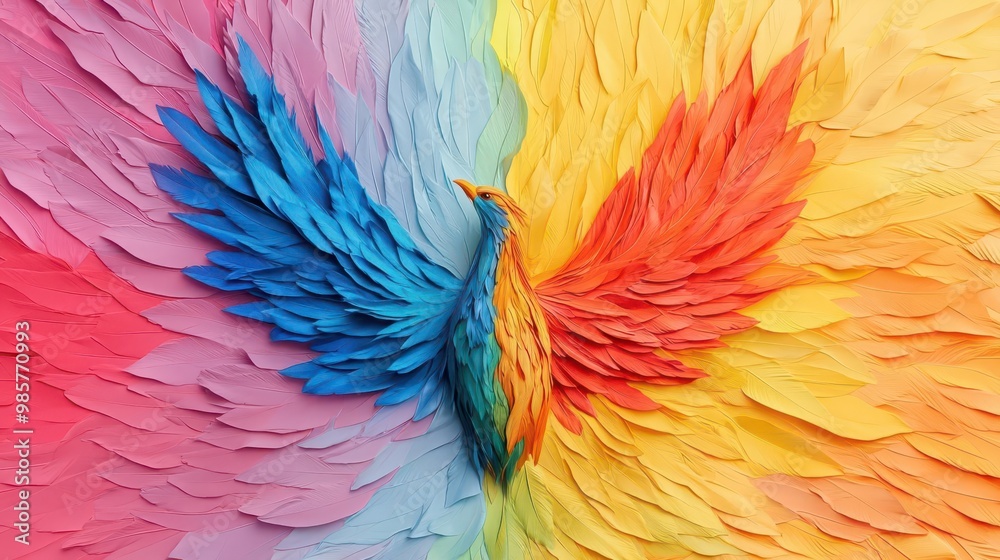Obraz premium A multicolored phoenix rising from a sea of vibrant colors, symbolizing rebirth and the power of creative imagination