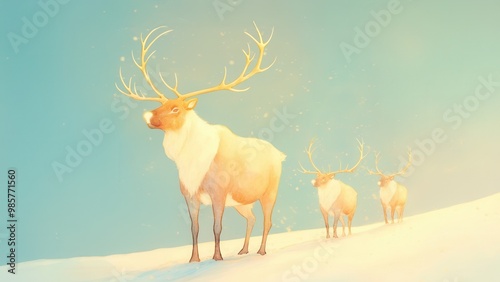 Majestic reindeer with glowing antlers, leading a procession of winter spirits through the snow, watercolor photo