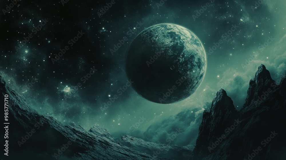 A Green Planet and Mountains in the Night Sky A Green Planet and Mountains in the Night Sky