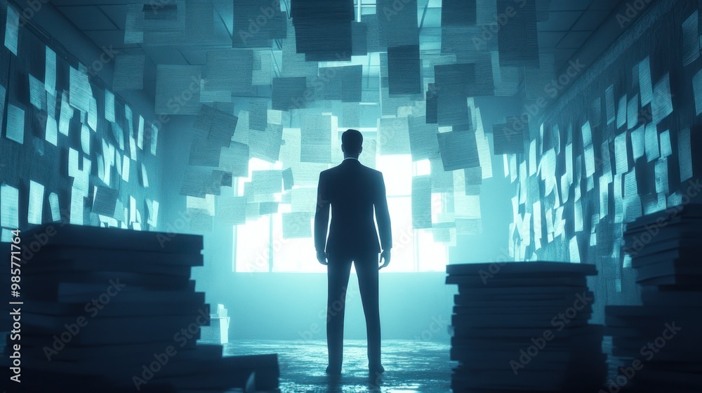 A Silhouetted Man Standing in a Room Surrounded by Paper A Silhouetted Man Standing in a Room Surrounded by Paper