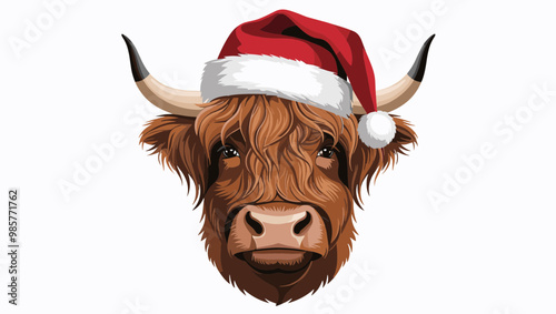 A festive Highland cow wearing a Christmas hat, perfect for holiday-themed designs or seasonal decorations.