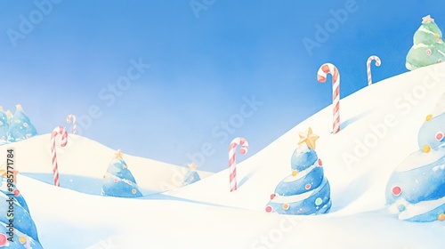 Snow-covered candy land with glowing peppermint trees and icy candy canes
