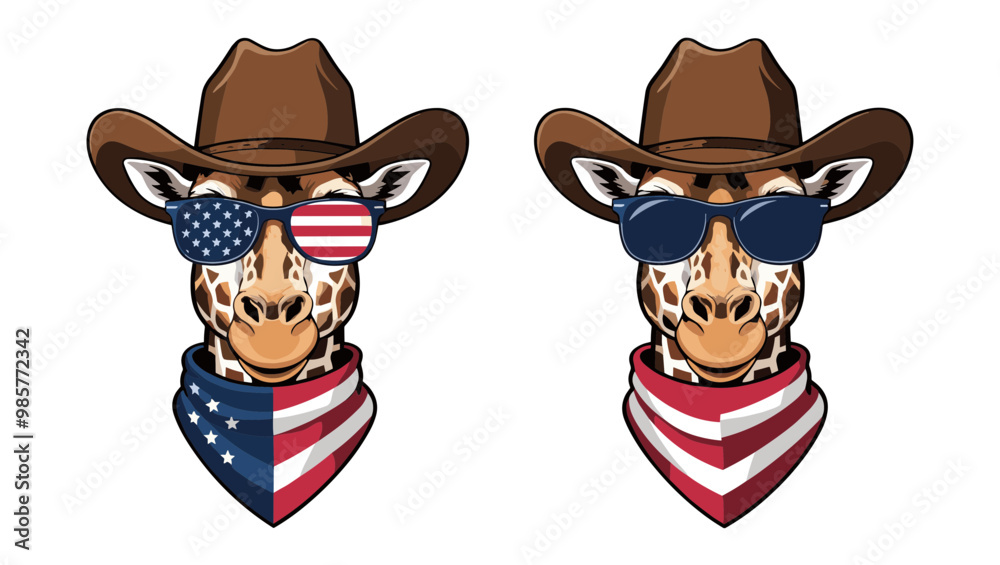 Festive giraffe illustration wearing cowboy hats and sunglasses, perfect for Americana-themed designs and playful graphics. Festive giraffe illustration wearing cowboy hats and sunglasses, perfect for Americana-themed designs and playful graphics.