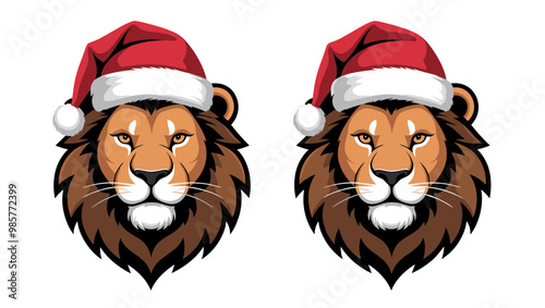 Festive lion heads wearing Santa hats, perfect for holiday designs, decorations, or promotional materials.