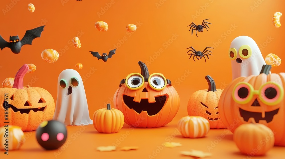Fototapeta premium Colorful Halloween imagery with pumpkins ghosts spiders and fun eyewear on an orange backdrop
