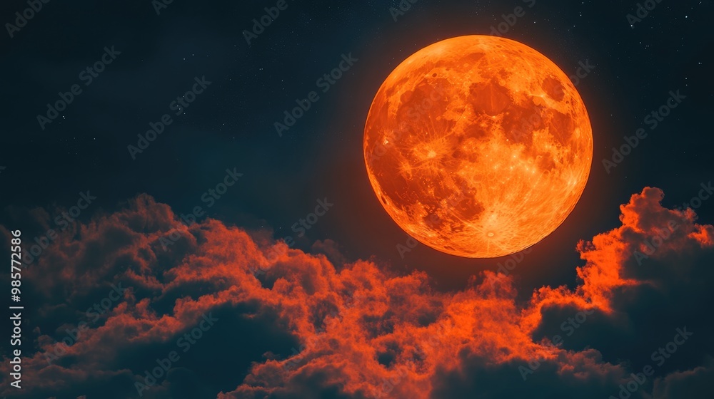 Full Orange Moon movement across the sky Halloween Moon concept Full Orange Moon movement across the sky Halloween Moon concept