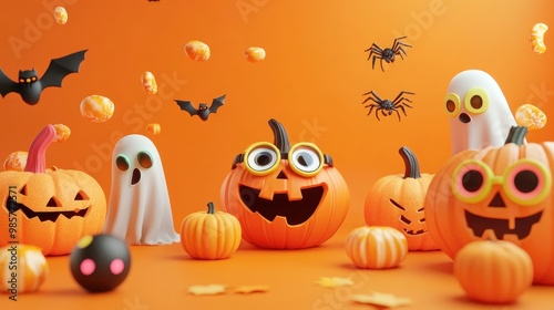 Colorful Halloween imagery with pumpkins ghosts spiders and fun eyewear on an orange backdrop