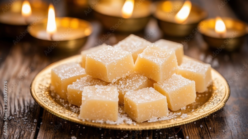 Golden plate of gajak with candles, festive Indian food for Diwali celebration Golden plate of gajak with candles, festive Indian food for Diwali celebration