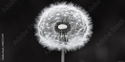 A single dandelion seed head with white seeds and a dark background. photo