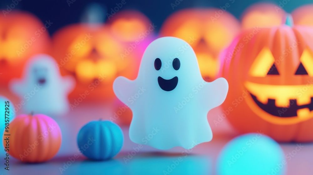 Friendly ghosts and colorful pumpkins, soft Halloween night, text space, 3D illustration, closes up Friendly ghosts and colorful pumpkins, soft Halloween night, text space, 3D illustration, closes up