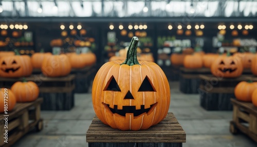 Halloween market with spooky items and pumpkin stands, festive atmosphere, 3D illustration photo