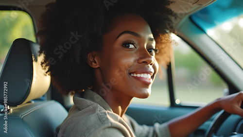 Portrait of a beautiful black afro american woman driving a car