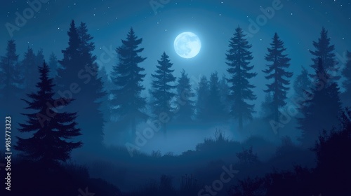 Mysterious night landscape with silhouettes of forest trees under moonlight in fog