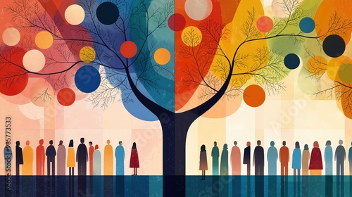 Colorful Infographic Art Comparing Cultures Under a Vibrant Tree
