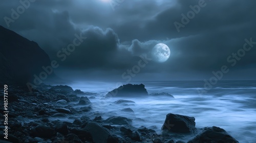 Misty stormy full moon night on a rocky beach stock image