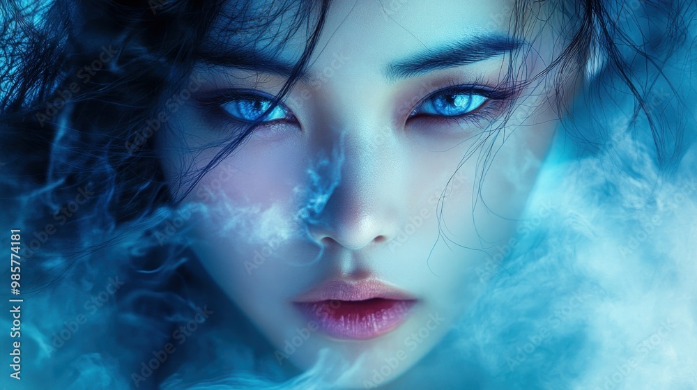 Close-up Portrait of a Woman with Blue Eyes and Soft Blue Lighting Close-up Portrait of a Woman with Blue Eyes and Soft Blue Lighting