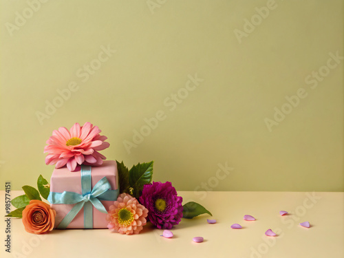 gift box and flowersflower, pink, flowers, bouquet, wedding, love, rose, spa, cake, gift, nature, spring, blossom, decoration, beauty, romance, table, daisy, petal, day, roses, color, bloom, beautiful photo