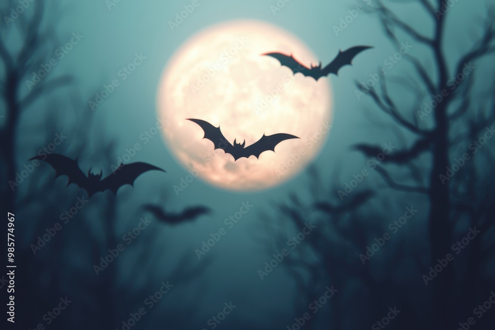 Halloween night with full moon, flying bats, and dark trees, 3D illustration, closes up Halloween night with full moon, flying bats, and dark trees, 3D illustration, closes up