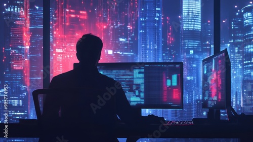 Silhouette of a Coder Working at a Computer with City Lights as a Background