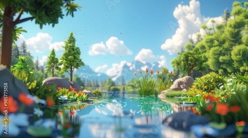 Serene Forest with Quaint Pond and Trees in Bright, Cheerful Colors, Cute Clay Style Animation, Playful Youthful Ambiance, Natural Scenery, Peaceful Environment, Animated Nature Scene