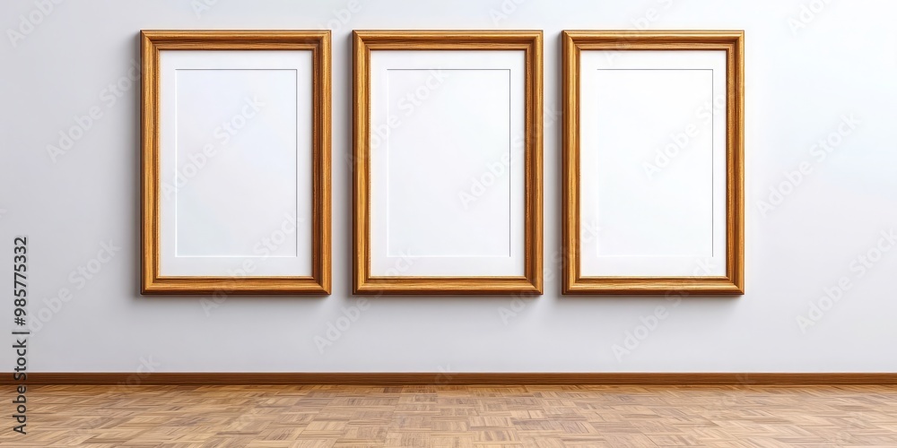 Three blank frames in a modern gallery setting, with a white wall and wood floor, ready for your artwork or design. Three blank frames in a modern gallery setting, with a white wall and wood floor, ready for your artwork or design.