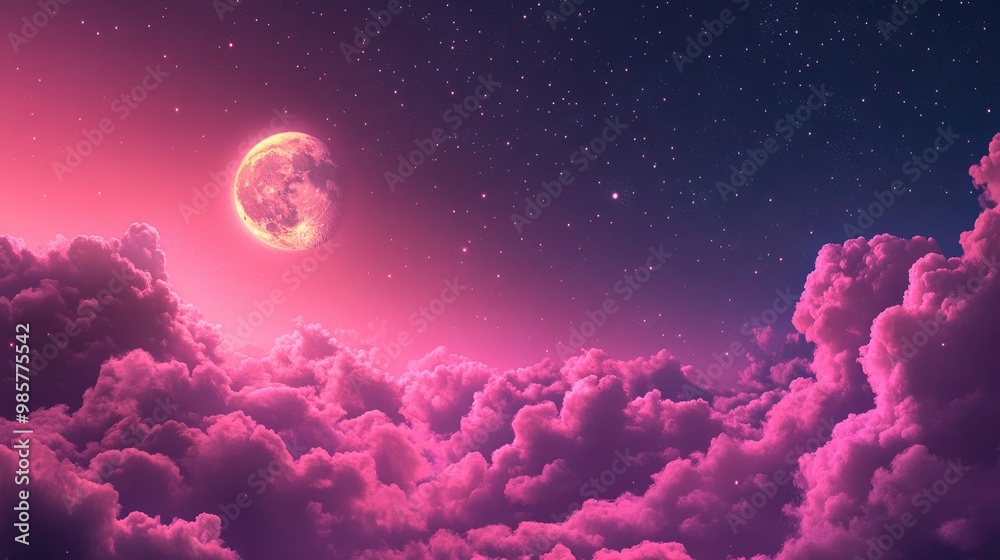 Obraz premium Magenta Night Sky with Moon and Clouds