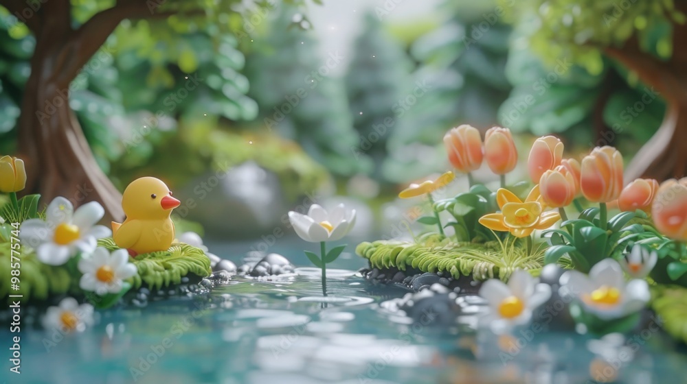 Serene Forest with Quaint Pond and Trees in Bright, Cheerful Colors, Cute Clay Style Animation, Playful Youthful Ambiance, Natural Scenery, Peaceful Environment, Animated Nature Scene