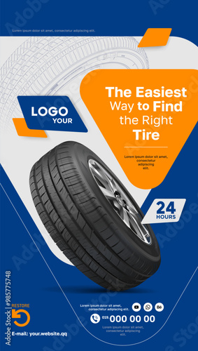 Tire poster. Web page - sales of wheels and tires for cars. Online sale. Car tire sale banner.