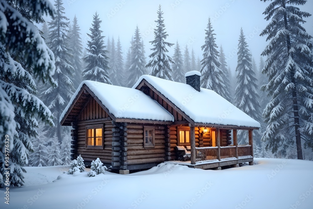 Winter cabin, cozy mood, illuminated in snow, surrounded by evergreen trees Winter cabin, cozy mood, illuminated in snow, surrounded by evergreen trees