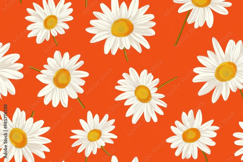 Obraz premium Pattern of white daisies on a vibrant orange background, creating a cheerful and lively design